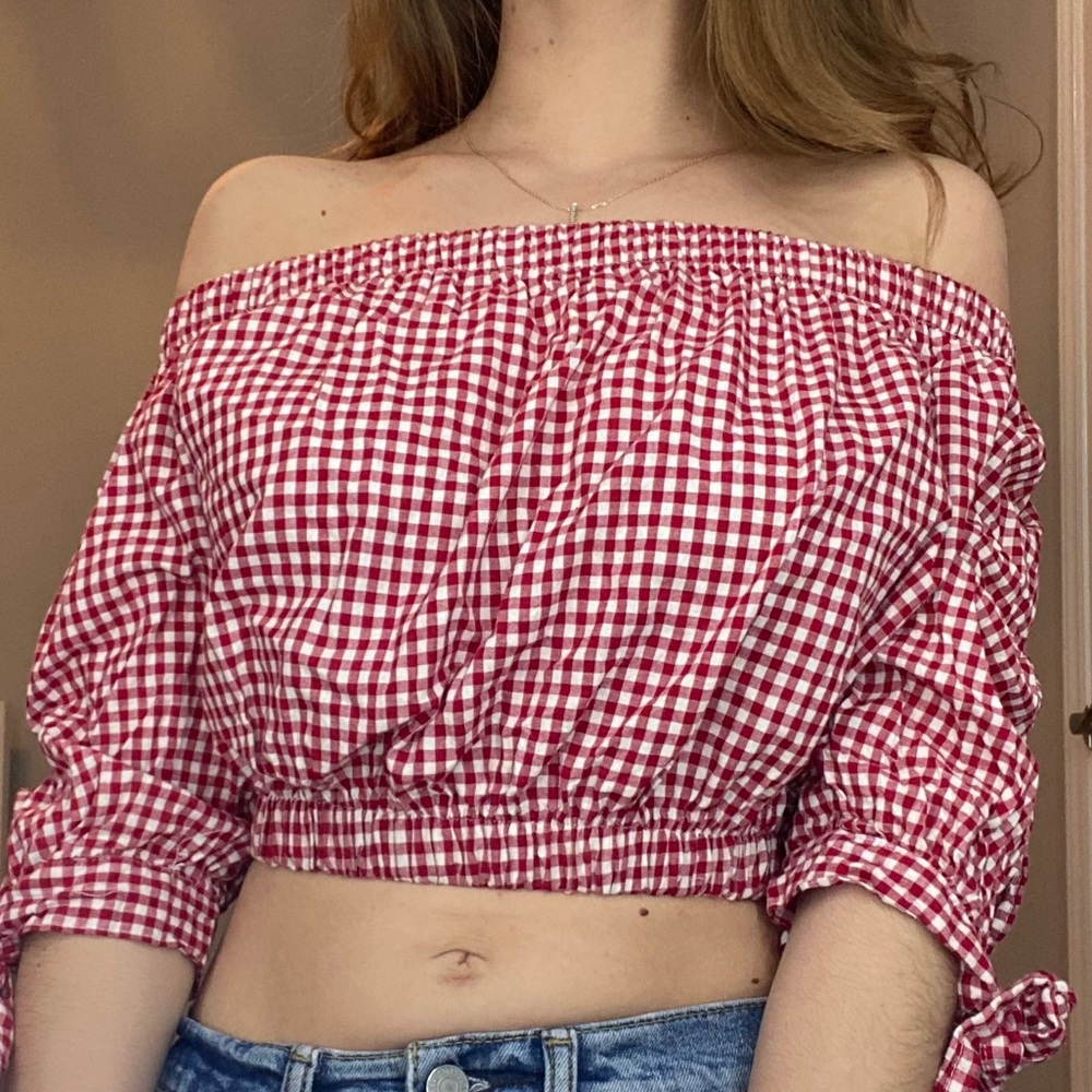 YMHY crop top red and white off the shoulder